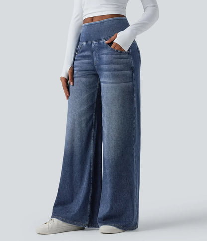 Mercer & Bloom Velouré Flex™ washed casual baggy wide-leg jeans with mid-rise, draped style and front pockets, shown on model.