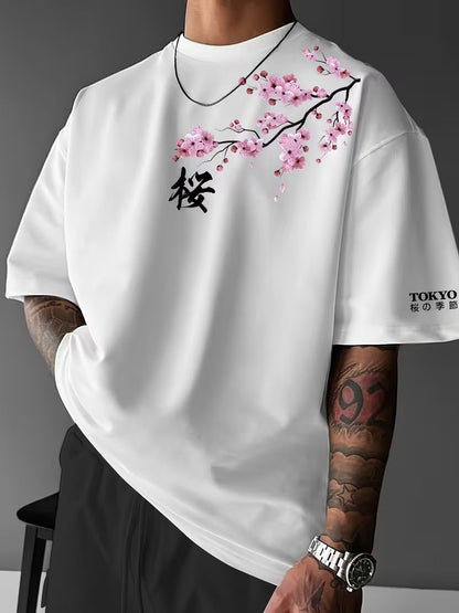Homixa Hiro men's cotton T-shirt with cherry blossom print, crew neck, relaxed fit, casual style, shown flat on a white background.