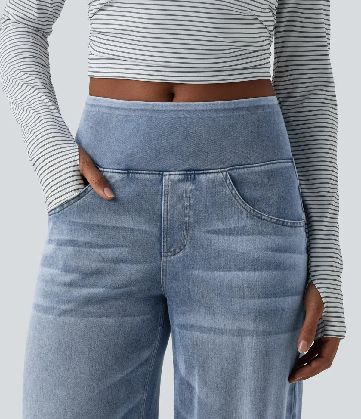 Mercer & Bloom Velouré Flex™ mid-rise washed casual baggy wide-leg jeans with draped style and front pockets.