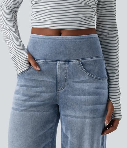 Mercer & Bloom Velouré Flex™ mid-rise washed casual baggy wide-leg jeans with draped style and front pockets.