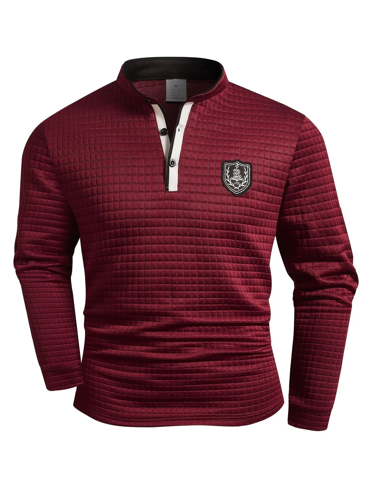 Men's Homixa solid color knit Henley shirt with checked button-front design, long sleeves, and casual fit.