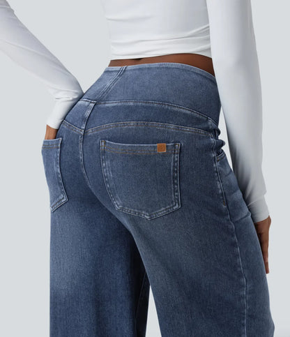 Mercer & Bloom Velouré Flex™ mid-rise washed casual baggy wide-leg jeans with draped design and front pockets.