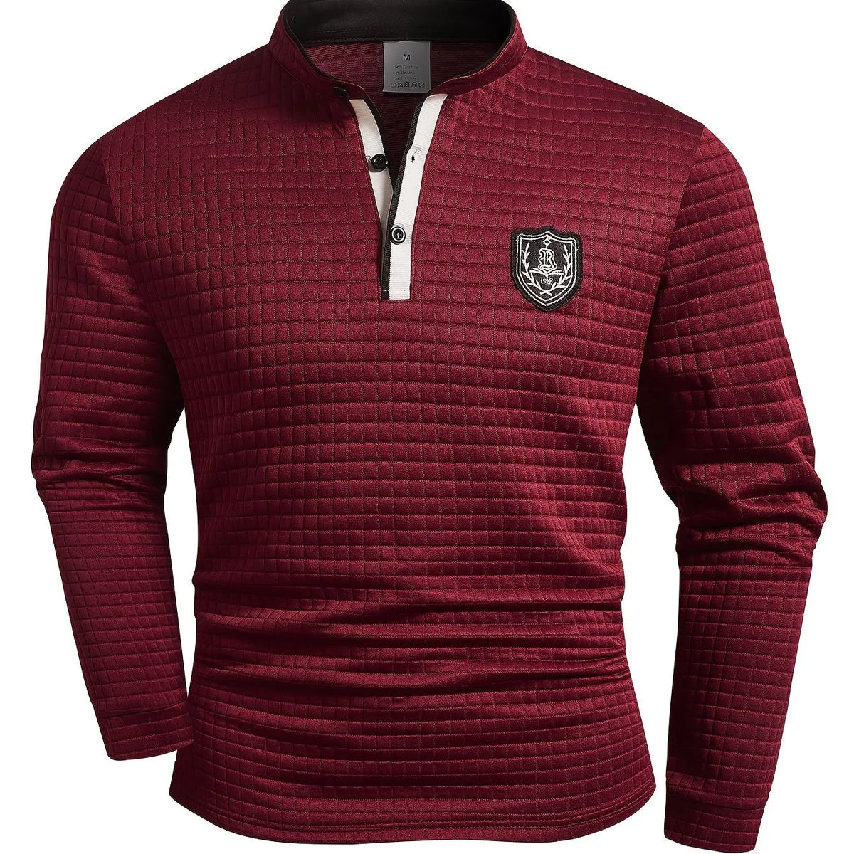 Homixa men's solid color knit Henley shirt with button-front and checked pattern, casual men's clothing.