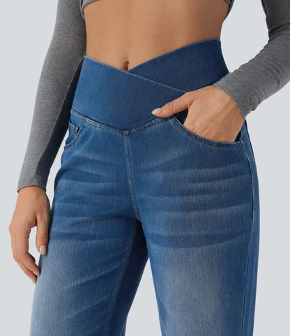 Mercer & Bloom UltraStretch™ crossover high-waisted jeans with tummy control, casual straight-leg fit and front pockets.