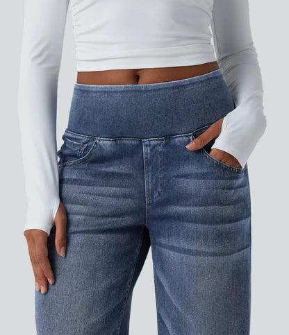 Mercer & Bloom Velouré Flex™ mid-rise washed casual baggy wide-leg jeans with draped style and front pockets.