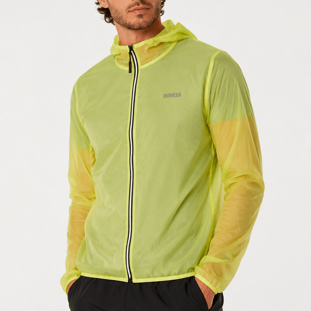 Homixa Shield Run translucent men's windbreaker jacket in neon green, lightweight and sporty for active outdoor wear.