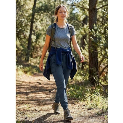 Women's Olive & Evy cargo joggers in lightweight, quick-dry fabric, styled for casual lounging or outdoor hiking.