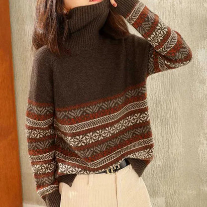 Homixa Lily women's fair-isle turtleneck sweater with patterned sleeves and ribbed cuffs, featuring cozy knit fabric and stylish design.