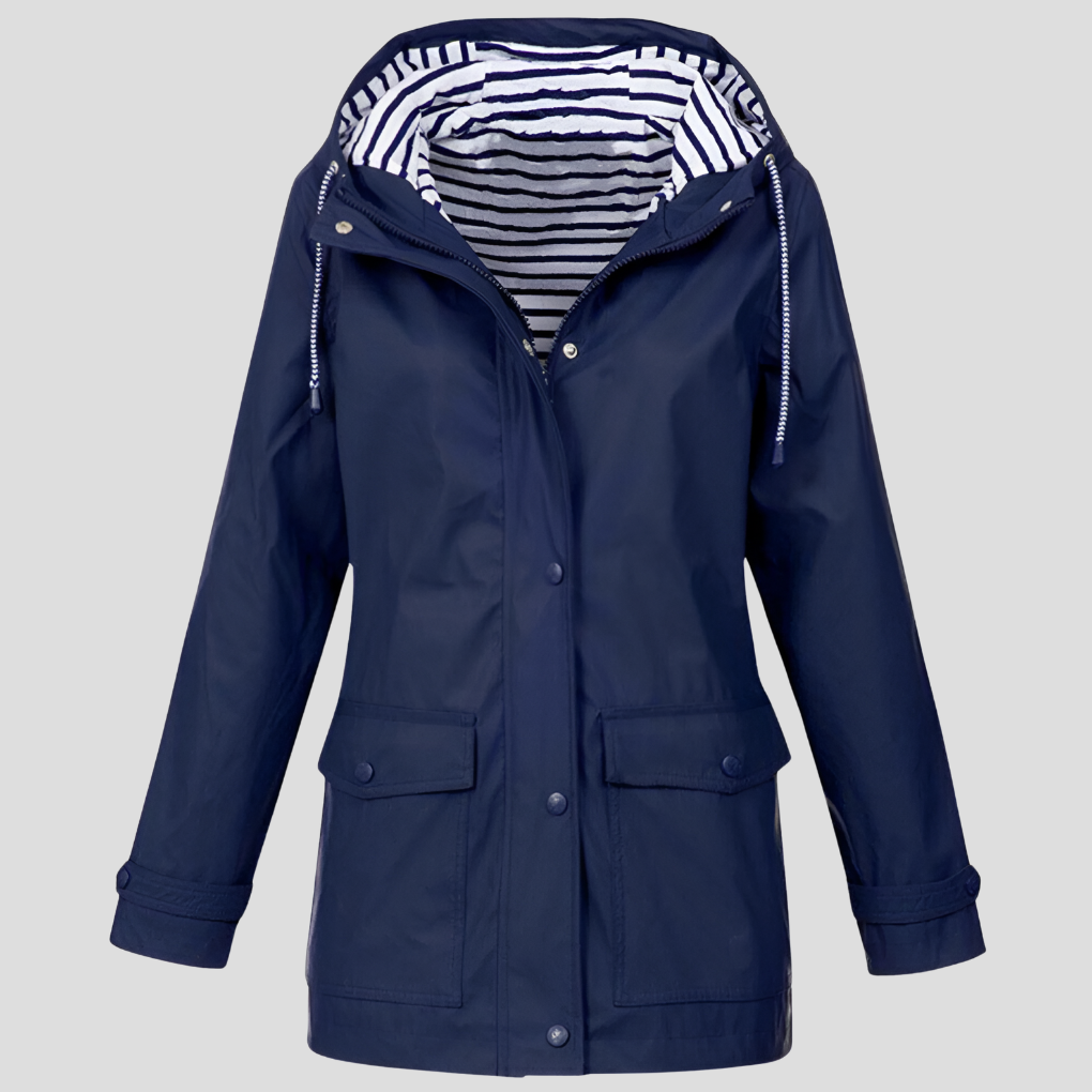 Beckmiller women's water-resistant and wind-resistant hooded jacket, shown with a close-up of the jacket's hood and fabric texture.