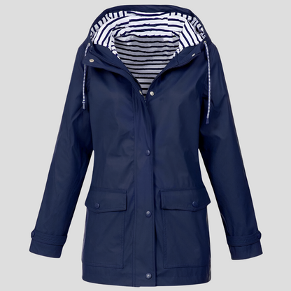 Beckmiller women's water-resistant and wind-resistant hooded jacket, shown with a close-up of the jacket's hood and fabric texture.