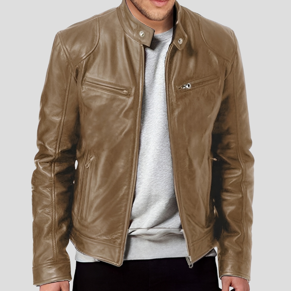 Beckmiller men's classic leather jacket showing a sleek black leather design with a front zipper and collar detail.