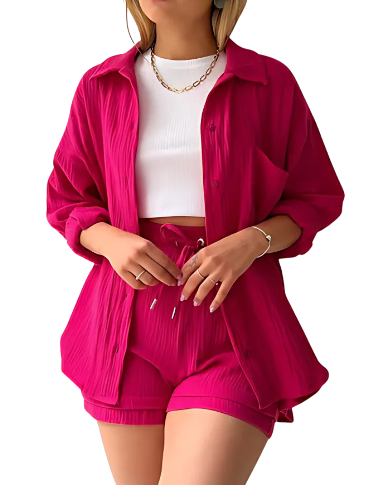 Loppist VERA™ modern button-up shorts set featuring a stylish top and matching shorts, perfect for casual summer wear.
