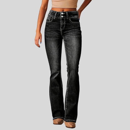 Homixa Aya men's high-waisted flared jeans with two-button waist and front pockets, showcasing classic denim style.
