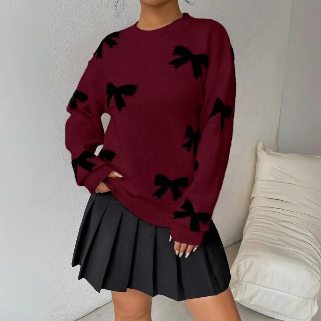Homixa Louise women's bow-pattern crew-neck sweater with ribbed cuffs and hem, featuring a stylish and cozy design.
