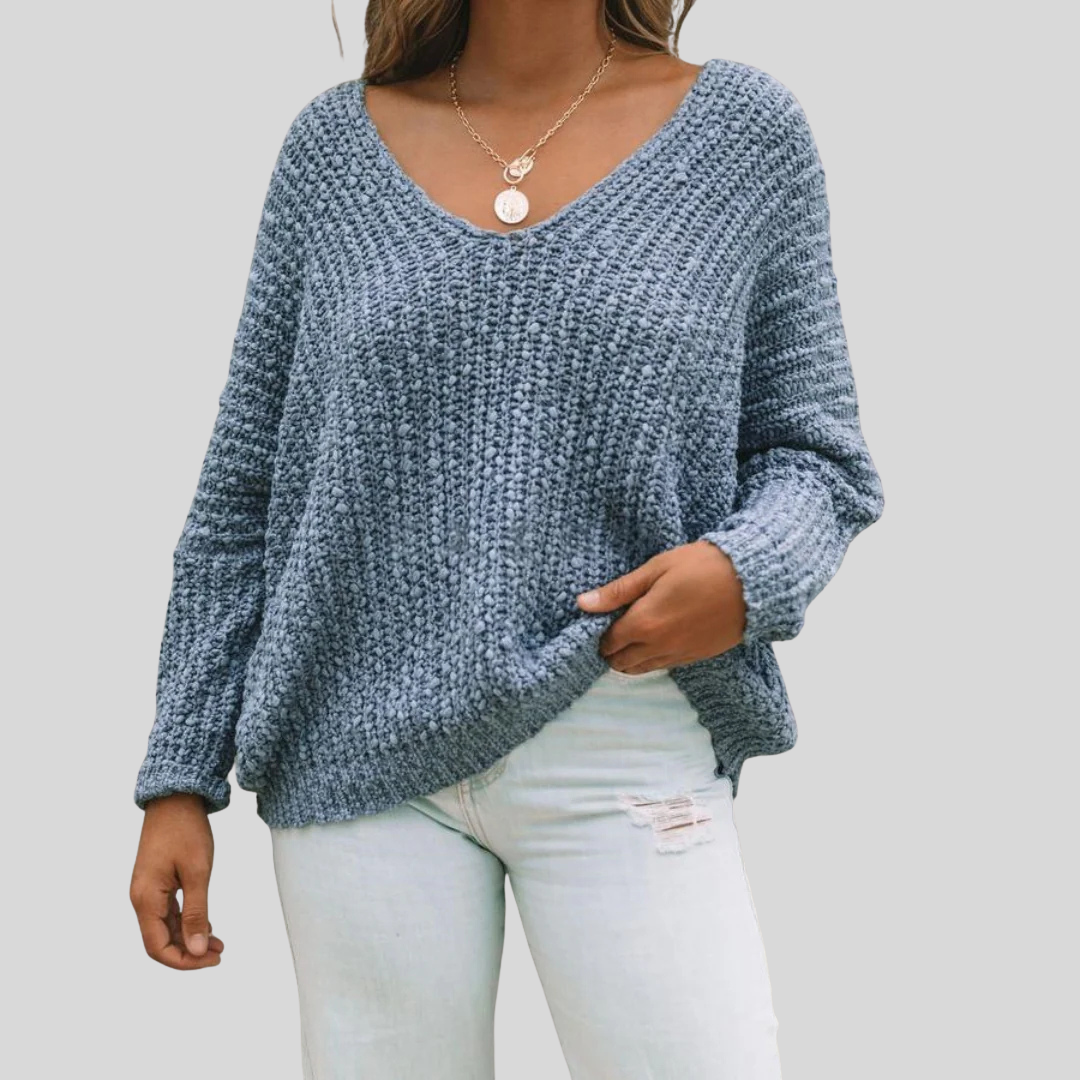 Loppist SOLEDAD™ comfy drop shoulder long sleeve sweater in soft knit, featuring a relaxed fit and cozy design.