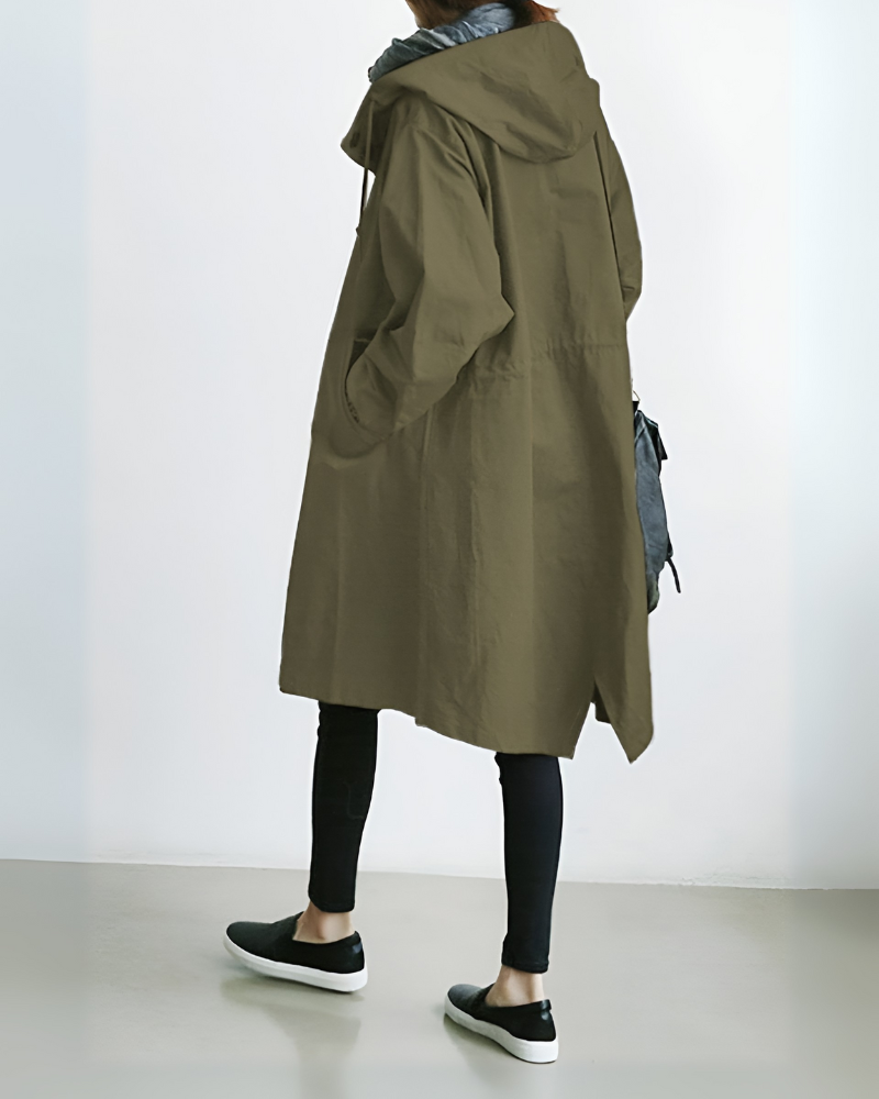 Beckmiller Classic Hooded Trench Coat in beige, featuring a hood, double-breasted buttons, and a tailored fit.