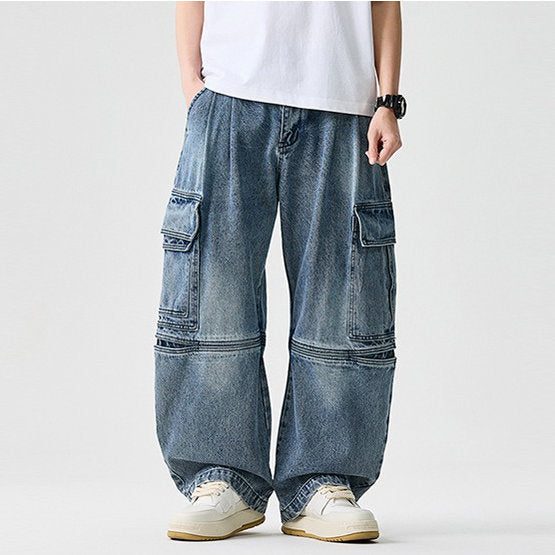 Homixa Caerielle men's heavyweight cargo jeans with loose fit, thigh pockets, and knee seams, shown on a model.