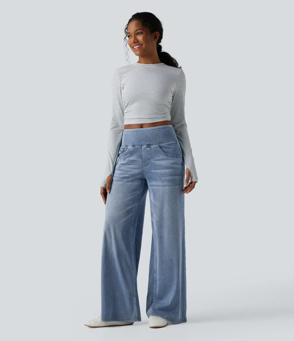 Mercer & Bloom Velouré Flex™ mid-rise washed casual baggy wide-leg jeans with draped design and pockets, laid flat.