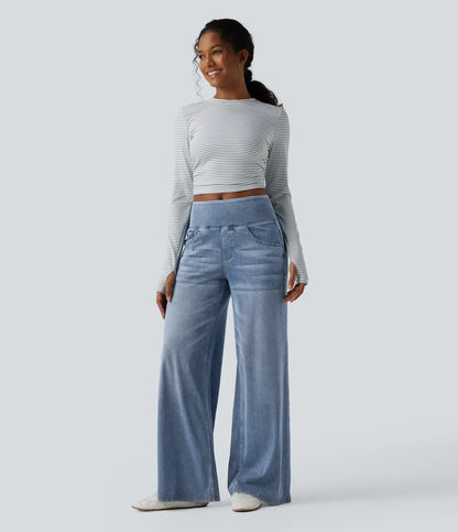 Mercer & Bloom Velouré Flex™ mid-rise washed casual baggy wide-leg jeans with draped design and pockets, laid flat.