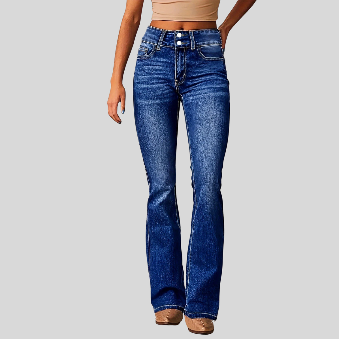 Homixa Aya men's high-waisted flared jeans with two-button waist, front pockets, classic denim style, and tailored fit.