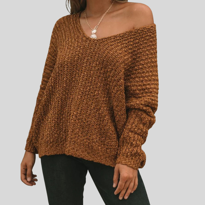 Loppist SOLEDAD™ comfy drop shoulder long sleeve sweater in soft knit fabric, shown in a relaxed fit with a crew neckline.