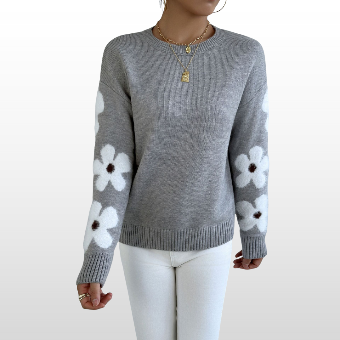 Homixa women's sweater with floral pattern and crew neck, showcasing soft knit fabric and vibrant flower designs.