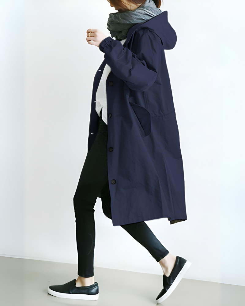 Beckmiller Classic Hooded Trench Coat in neutral color, featuring a hood, button front, and tailored fit for stylish protection.