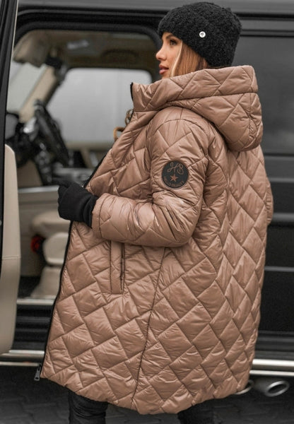 Women's Emily Carter jacket with stitched diamond panels, stylish outerwear featuring textured quilting and a tailored fit.