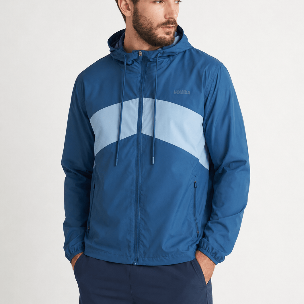 Homixa Shield Block men's navy and light blue windbreaker jacket, lightweight and stylish for outdoor protection.