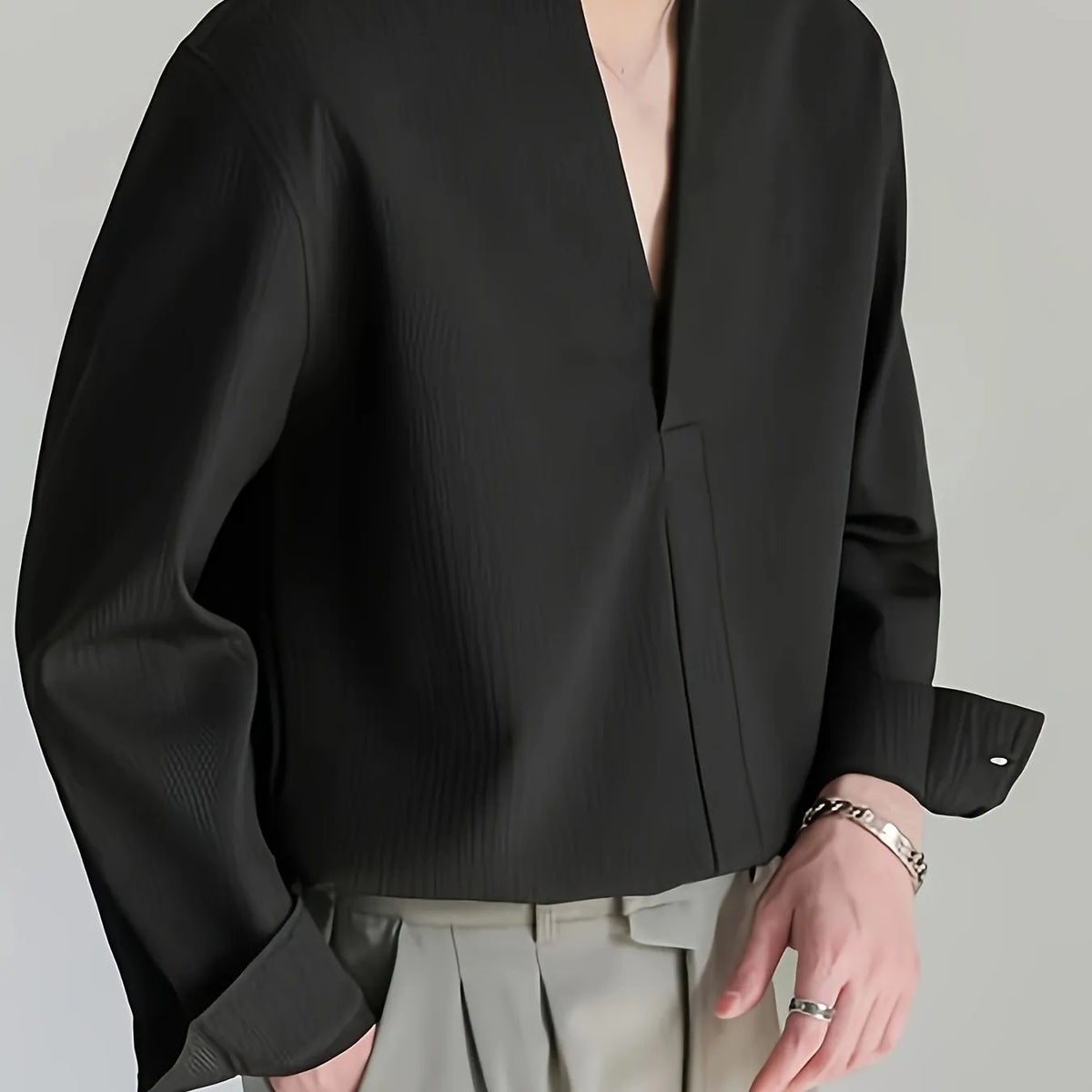 Homixa men's solid color V-neck long sleeve Henley shirt, casual and comfortable, shown in a front view.