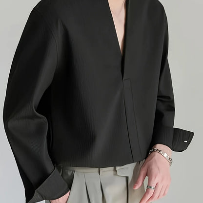 Homixa men's solid color V-neck long sleeve Henley shirt, casual and comfortable, shown in a front view.
