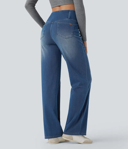 Mercer & Bloom UltraStretch™ crossover high-waisted tummy control straight-leg jeans with front pockets, casual and comfortable fit.