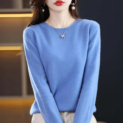 Homixa women's fine-knit crew-neck sweater with ribbed cuffs and solid color finish, showcasing a cozy, stylish knit design.