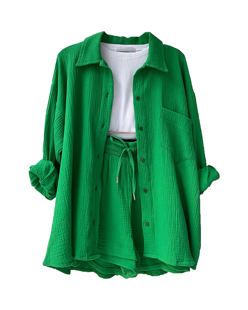 Loppist VERA™ modern button-up shorts set featuring a stylish matching top and shorts in lightweight fabric.
