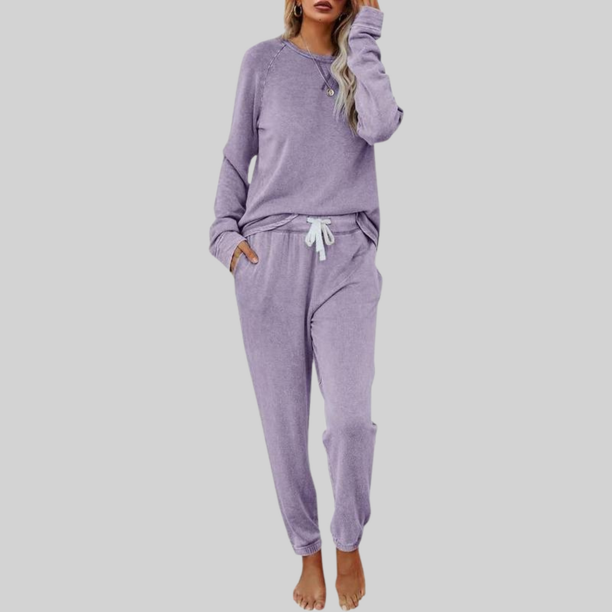 Mercer & Bloom JOCELYN™ casual long sleeve and sweatpants set, soft fabric, in neutral color, laid flat for display.