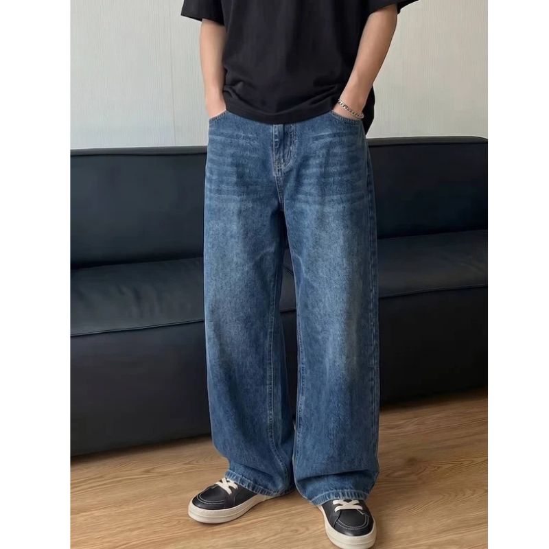 Homixa Caenora men's loose-fit wide-leg jeans with neutral wash, front and back pockets, casual denim style.