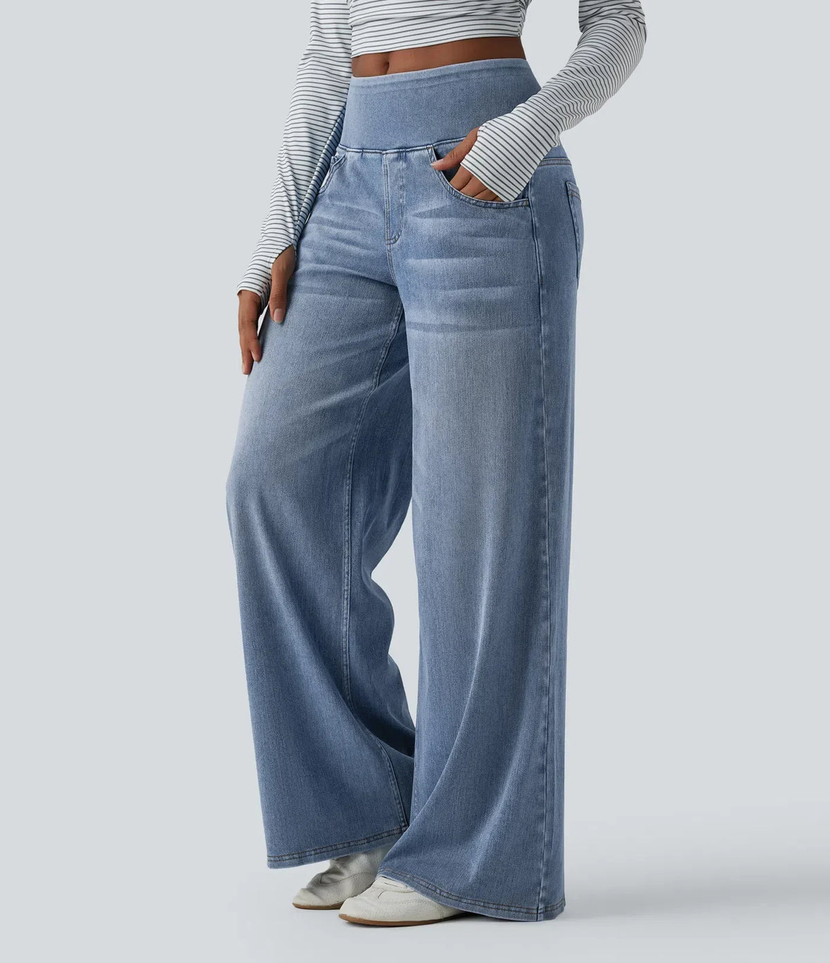 Mercer & Bloom Velouré Flex™ mid-rise baggy wide-leg jeans with draped washed finish and front pockets, casual and comfortable style