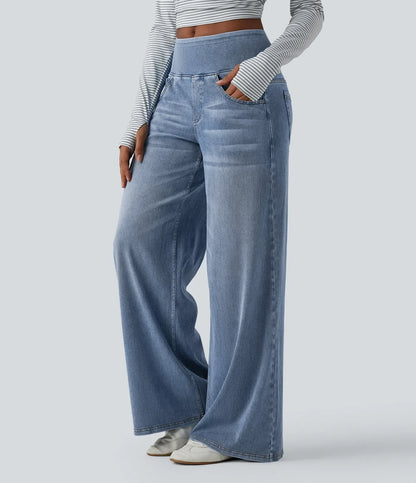 Mercer & Bloom Velouré Flex™ mid-rise baggy wide-leg jeans with draped washed finish and front pockets, casual and comfortable style