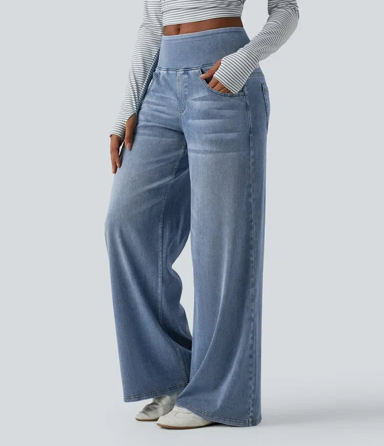 Mercer & Bloom Velouré Flex™ washed casual baggy wide-leg jeans with mid-rise fit and front pockets, draped and comfortable.