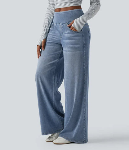 Mercer & Bloom Velouré Flex™ washed casual baggy wide-leg jeans with mid-rise fit and front pockets, draped and comfortable.