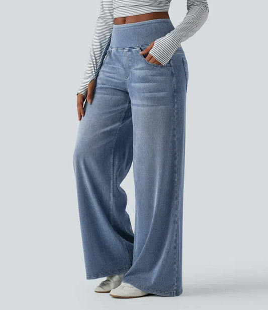 Mercer & Bloom Velouré Flex™ washed casual baggy wide-leg jeans with mid-rise fit and front pockets, draped and comfortable.