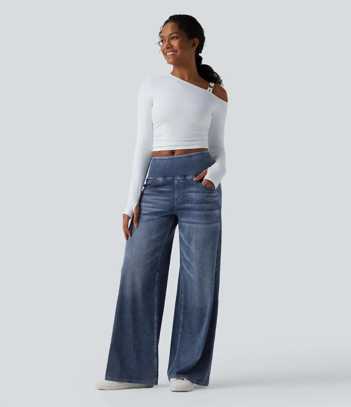 Mercer & Bloom Velouré Flex™ mid-rise washed casual baggy wide-leg jeans with draped design and front and back pockets.