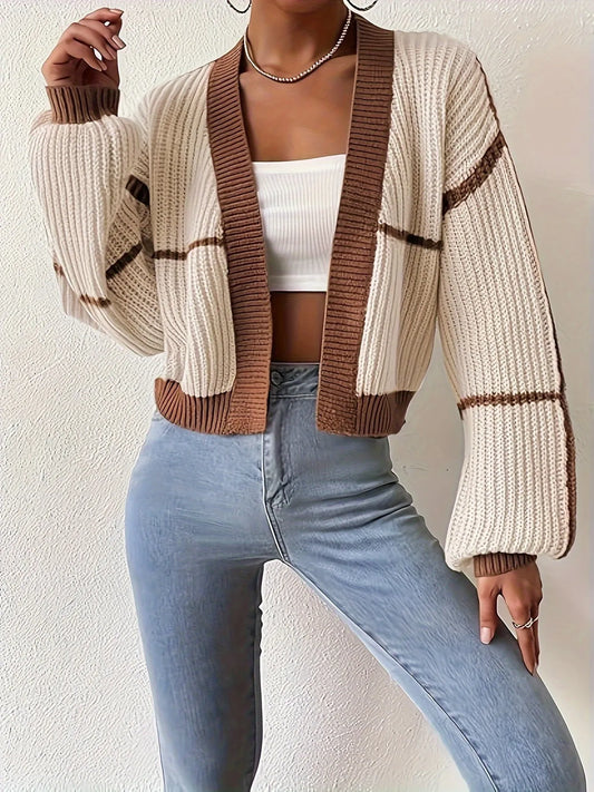 Homixa Riley women's cropped striped relaxed-fit button-up cardigan in polyester knit, showcasing its casual style and vibrant pattern.
