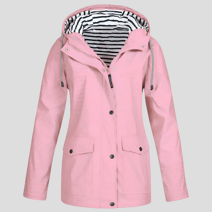 Beckmiller Women’s water-resistant and wind-resistant hooded jacket with a zipper front and adjustable drawstrings.