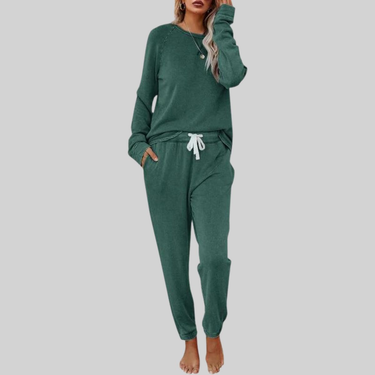 Mercer & Bloom JOCELYN™ casual long sleeve top and sweatpants set, soft fabric, relaxed fit, in neutral color.