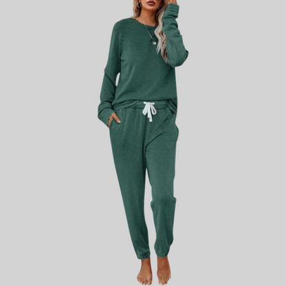 Mercer & Bloom JOCELYN™ casual long sleeve top and sweatpants set, soft fabric, relaxed fit, in neutral color.