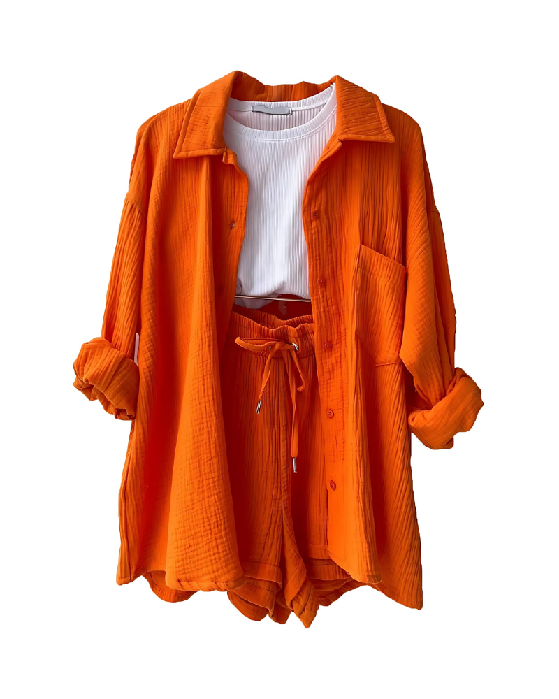 Loppist VERA™ modern button-up shorts set featuring a stylish top and matching shorts in a contemporary design.