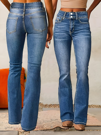 Homixa Alana flared jeans with double-button waist, washed finish, contrast stitching, and comfortable fit.