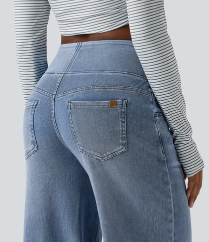 Mercer & Bloom Velouré Flex™ mid-rise washed casual baggy wide-leg jeans with draped style and front pockets.