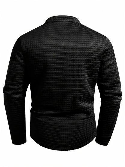 Homixa men's solid color knit Henley shirt with checked pattern and button-front, casual men's long-sleeve knit top.